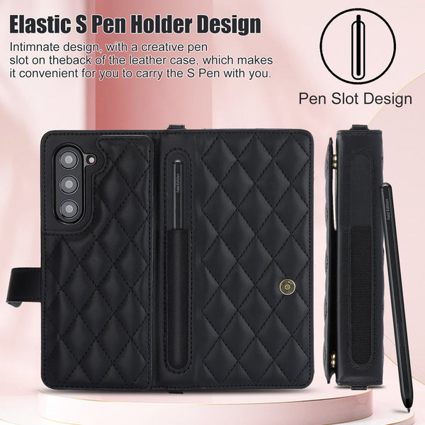 Rose Gold Galaxy Z Fold3 Multi Functional Leather Wallet Case For Samsung Series Crossbody With Pen Slot Quilted Design Not Included Cases Covers & Sk