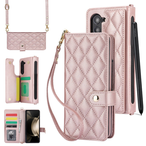 Rose Gold Galaxy Z Fold4 Multi Functional Leather Wallet Case For Samsung Series Crossbody With Pen Slot Quilted Design Not Included Cases Covers & Sk