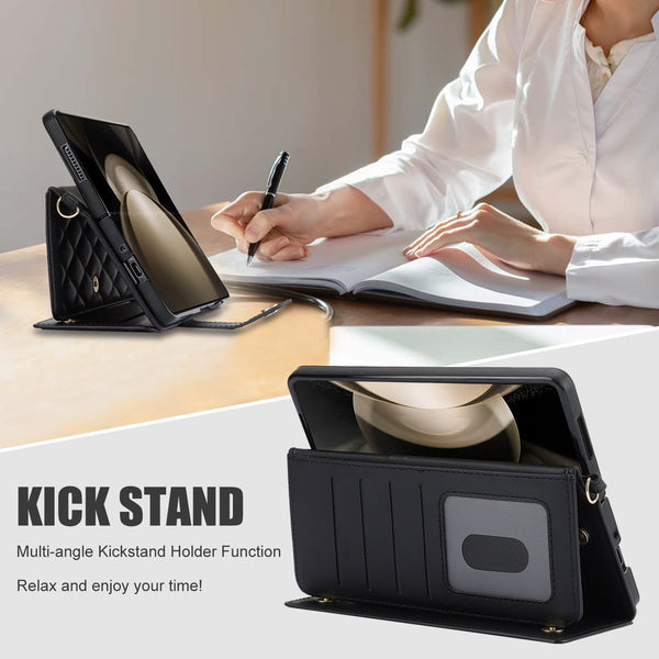 Rose Gold Galaxy Z Fold6 Multi Functional Leather Wallet Case For Samsung Series Crossbody With Pen Slot Quilted Design Not Included Cases Covers & Sk