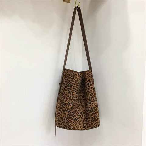Leopard Print Vintage Suede Bucket Bag For Women With Crossbody Strap Women's Bags & Handbags
