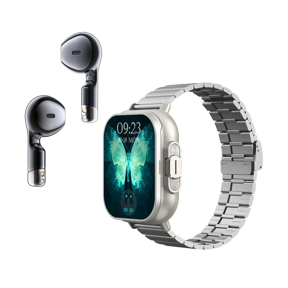 Silver Steel 2 In 1 Bluetooth Smartwatch With Integrated Earbuds For Sports Smart Watches