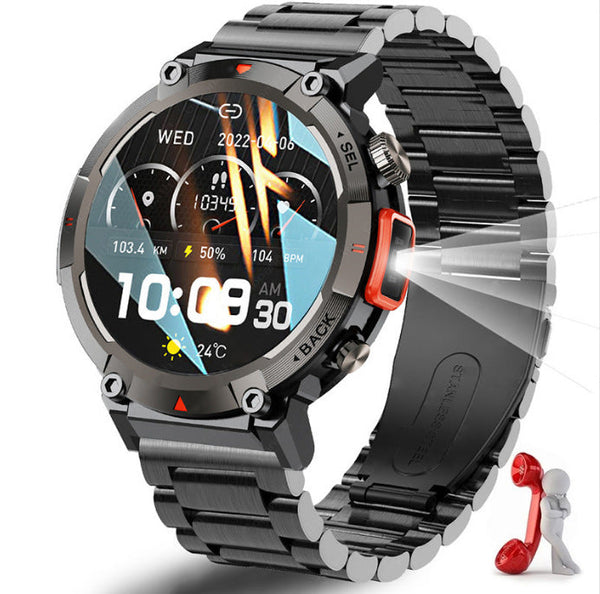 Black Red Steel Belts Outdoor Smartwatch With 1.45 Inch Hd Round Screen And Flashlight Smart Watches