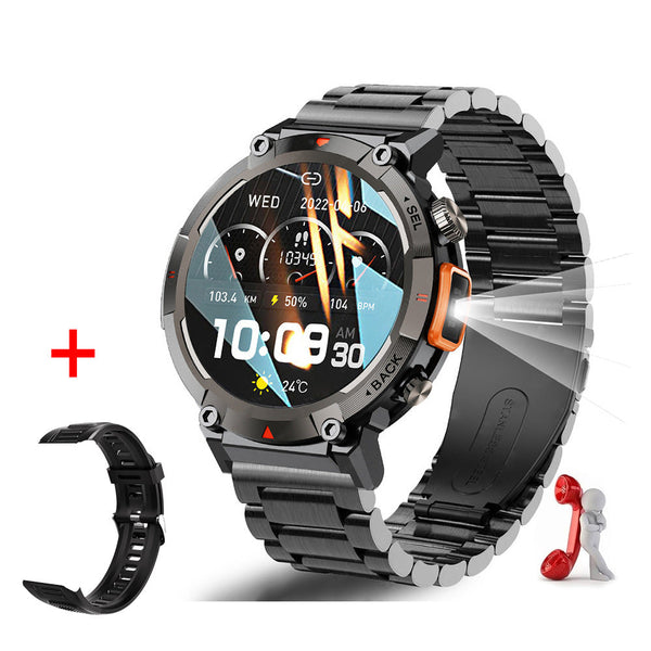 Black Orange Steel Belts Outdoor Smartwatch With 1.45 Inch Hd Round Screen And Flashlight Smart Watches