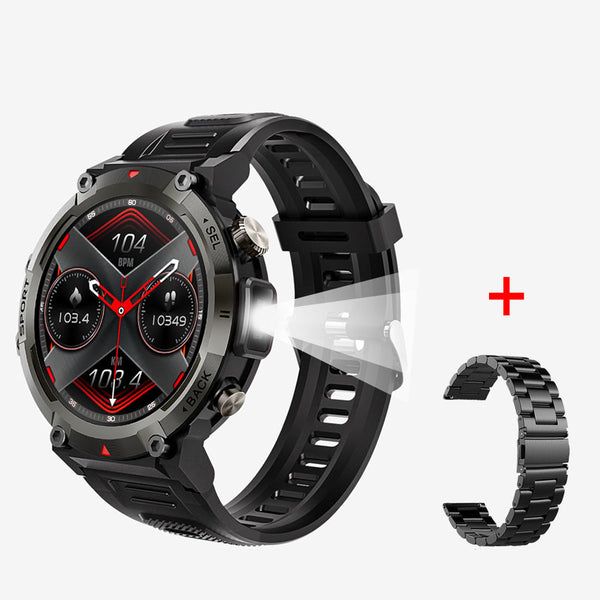 Black Steel Belts Outdoor Smartwatch With 1.45 Inch Hd Round Screen And Flashlight Smart Watches