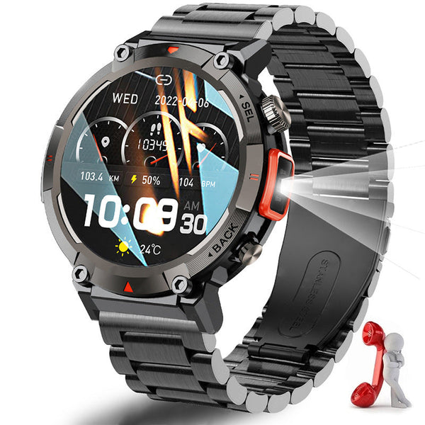 Black Steel Belts Outdoor Smartwatch With 1.45 Inch Hd Round Screen And Flashlight Smart Watches