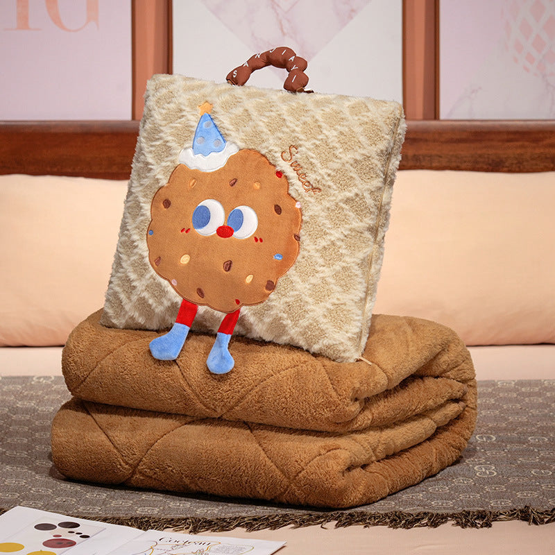 Khaki Thick Fleece Cartoon Cookie Pillow Blanket 2 In 1 For Winter And Office Use Blankets