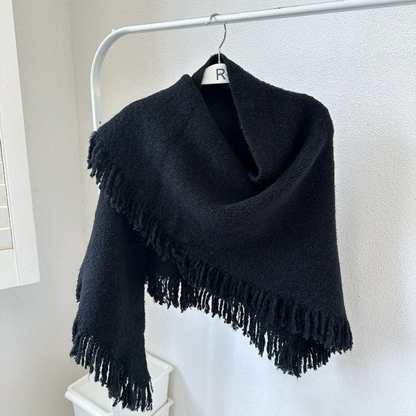 Black Versatile Fringed Faux Wool Triangle Shawl Warm Knitted Scarf Scarves & Wraps