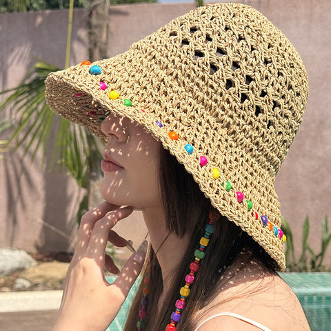 Khaki Colorful Wooden Bead Straw Hat For Women Large Brim Sun Protection Hats