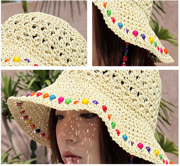 Khaki Colorful Wooden Bead Straw Hat For Women Large Brim Sun Protection Hats