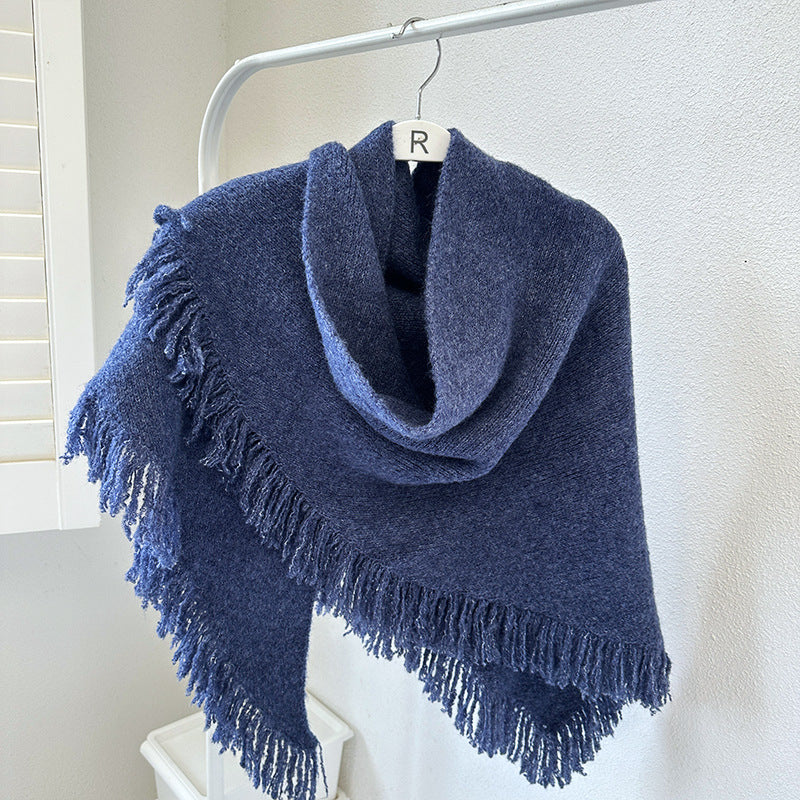Navy Blue Versatile Fringed Faux Wool Triangle Shawl Warm Knitted Scarf Scarves & Wraps