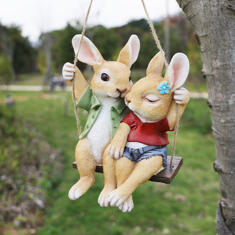 Cartoon Rabbit Couple Swing Garden Ornament Charming Resin Decor Ornaments & Statues