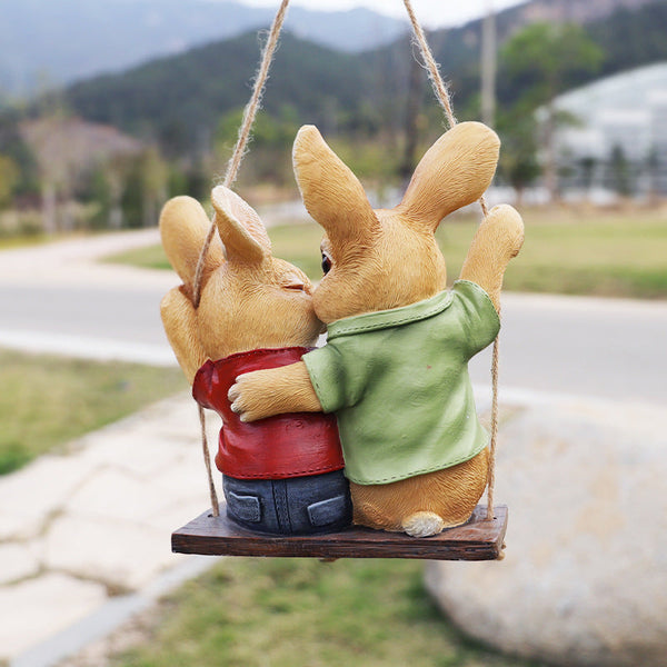 Cartoon Rabbit Couple Swing Garden Ornament Charming Resin Decor Ornaments & Statues