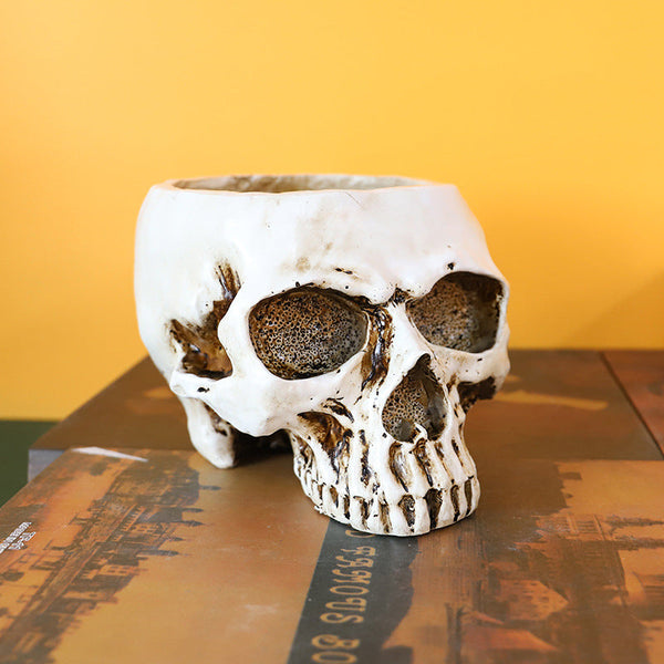 White Halloween Skull Resin Desktop Ornament And Pen Holder Spooky Decor Ornaments & Statues