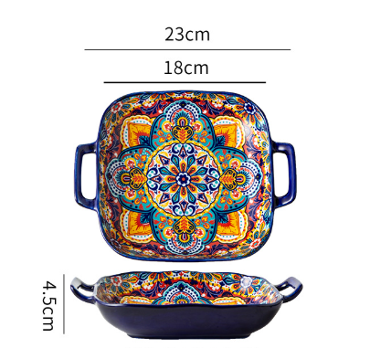 Kalia 9 Inch Bohemian Ceramic Double Handled Square Plate Decorative Plates & Bowls