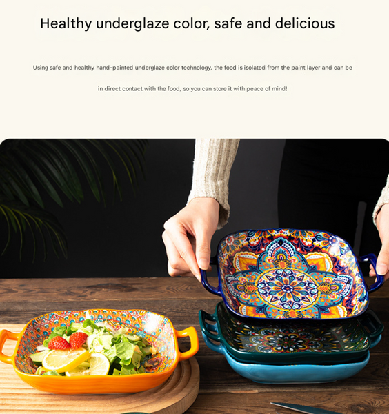 Kalia 9 Inch Bohemian Ceramic Double Handled Square Plate Decorative Plates & Bowls