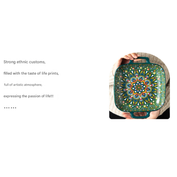 Emerald Plume 9 Inch Bohemian Ceramic Double Handled Square Plate Decorative Plates & Bowls