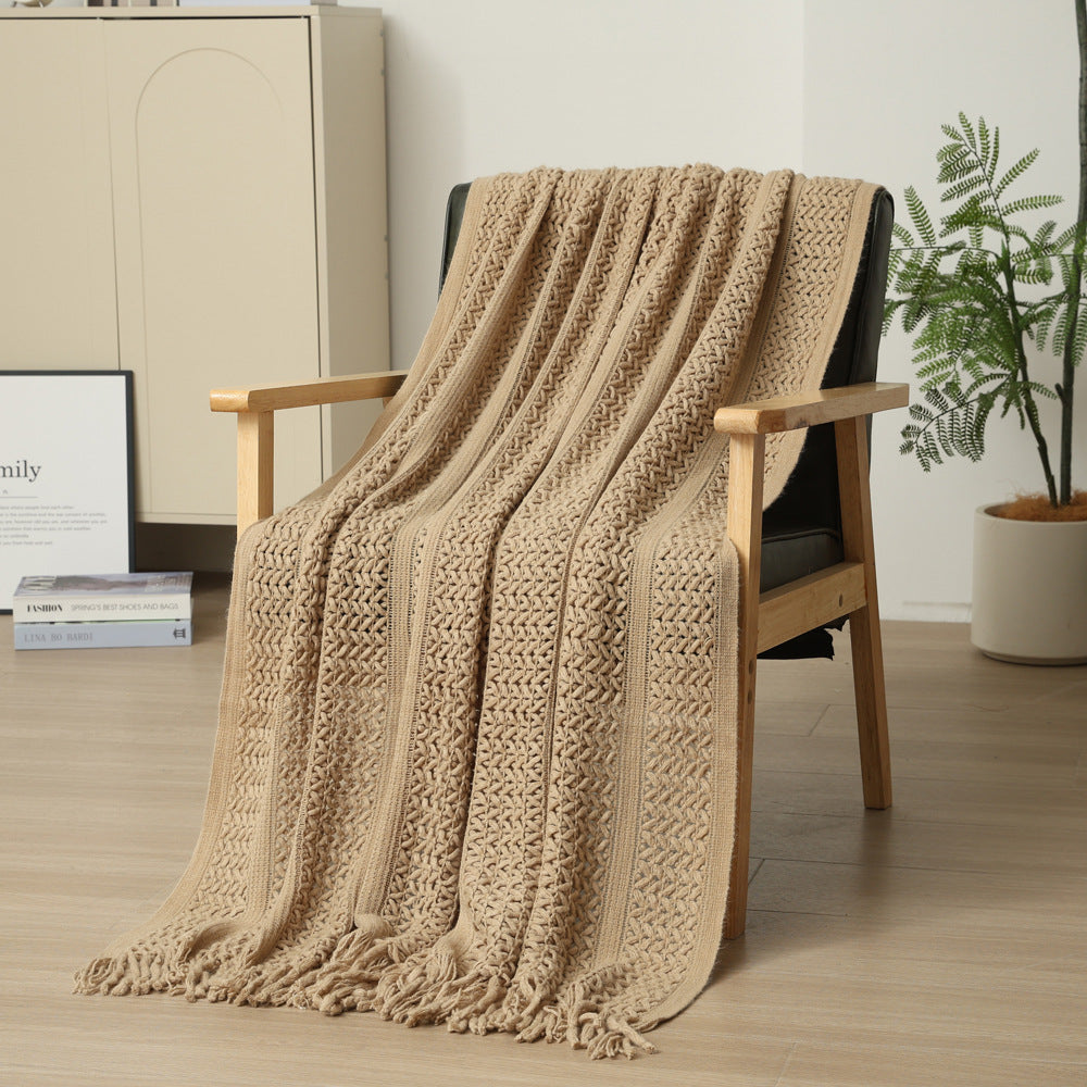 Khaki Hollow Knitted Sofa Blanket With Tassels 120 X 165 Cm 510G Ideal For Hotel And Home Blankets