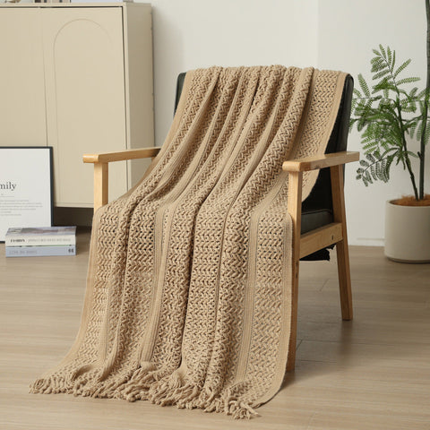 Khaki Hollow Knitted Sofa Blanket With Tassels 120 X 165 Cm 510G Ideal For Hotel And Home Blankets