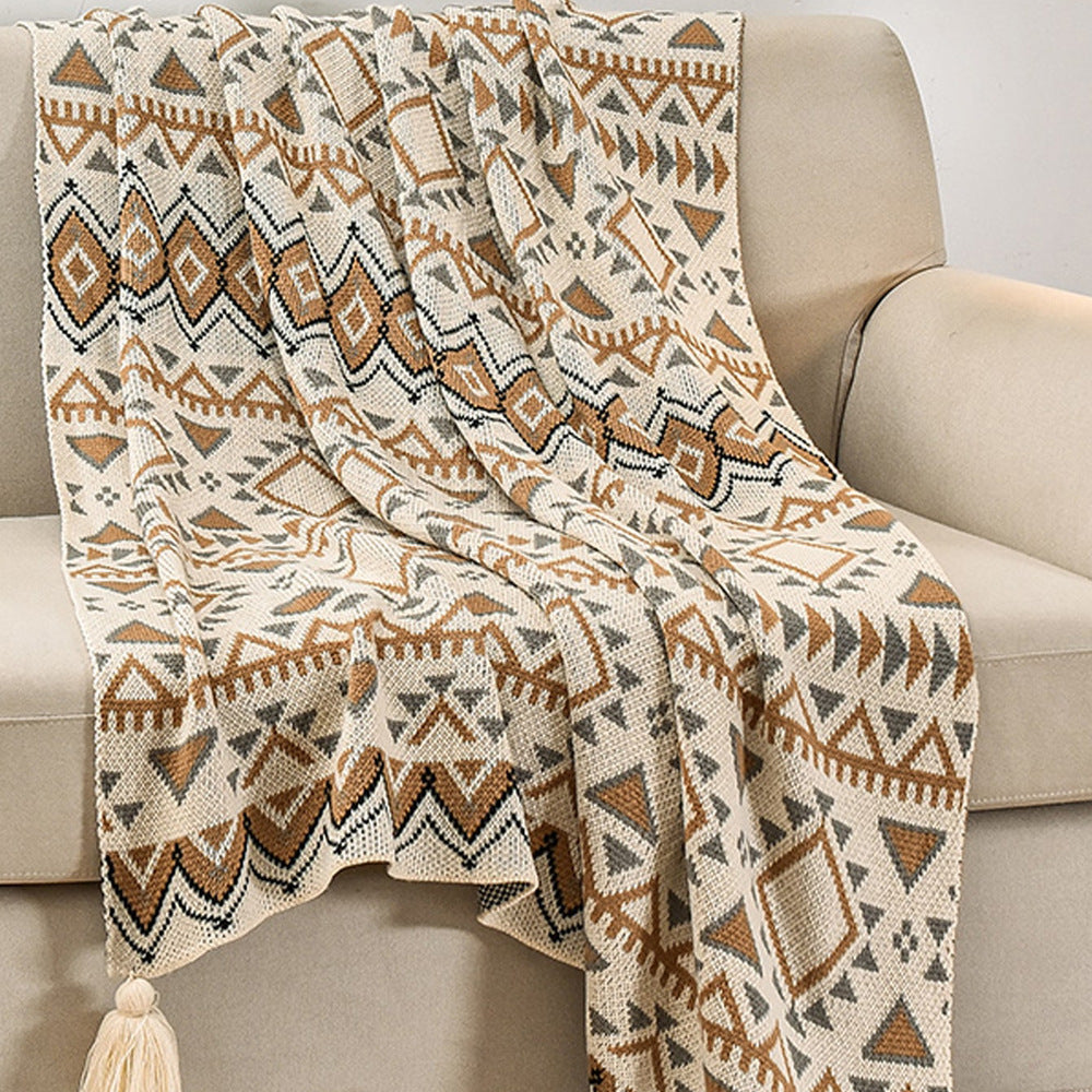 Beige Grey Bohemian Knitted Sofa Blanket 130 X 170 Cm 900G Ideal For Hotel And Nap Use Blankets