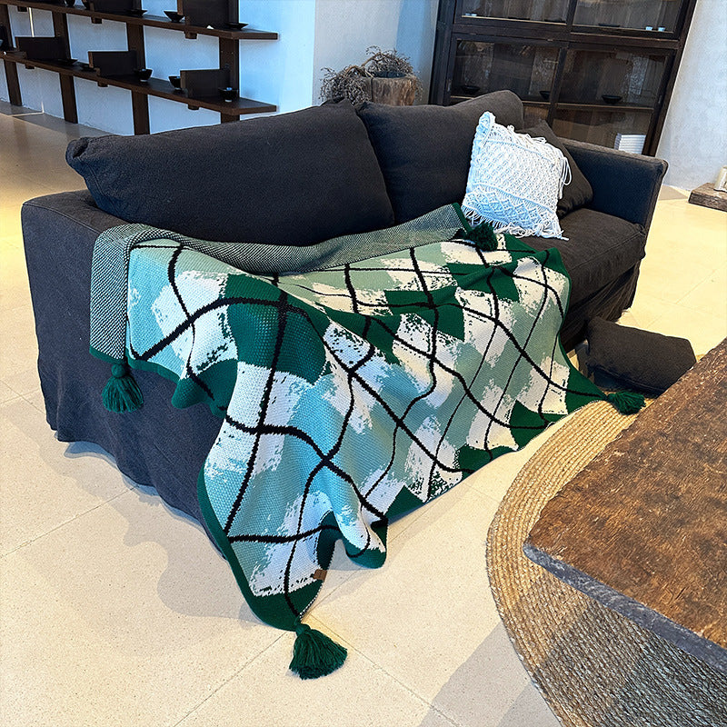 Green Chic Argyle Diamond Knit Throw Blanket With Tassels Versatile Sofa & Bed Accent 135 X 125Cm Dog Agility Training