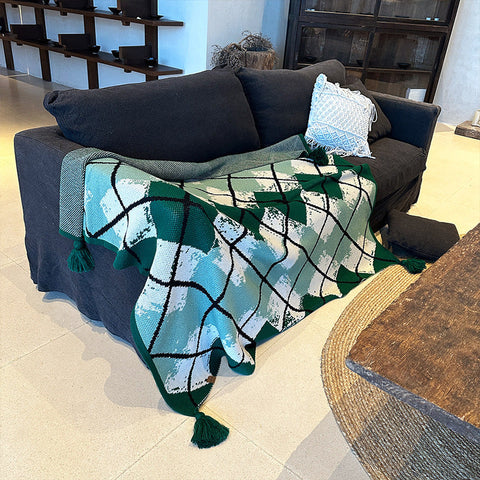 Green Chic Argyle Diamond Knit Throw Blanket With Tassels Versatile Sofa & Bed Accent 135 X 125Cm Dog Agility Training