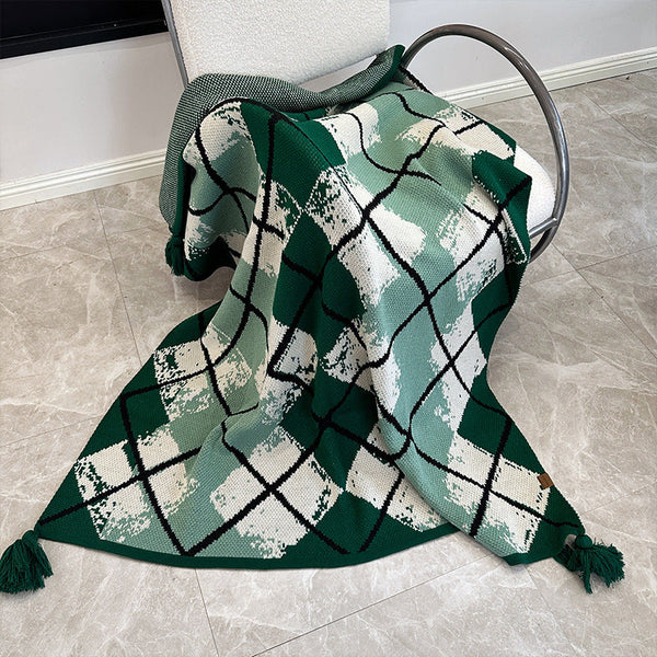 Green Chic Argyle Diamond Knit Throw Blanket With Tassels Versatile Sofa & Bed Accent 135 X 125Cm Dog Agility Training