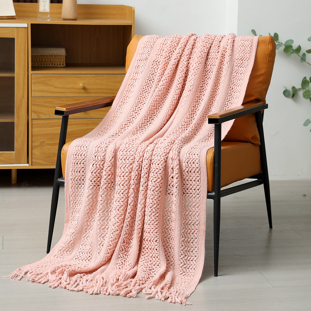 Pink Hollow Knitted Sofa Blanket With Tassels 120 X 165 Cm 510G Ideal For Hotel And Home Blankets