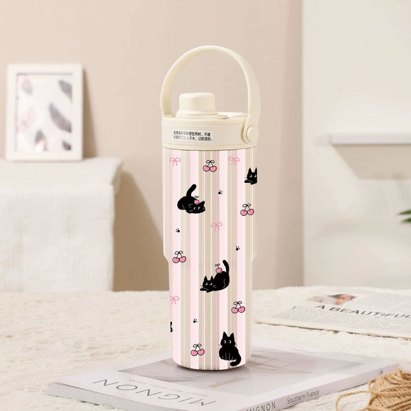 White Line Black Cat 30Oz Ceramic Lined Insulated Tumbler With Handle 735Ml Stainless Steel Travel Mug Vacuum Flasks & Mugs