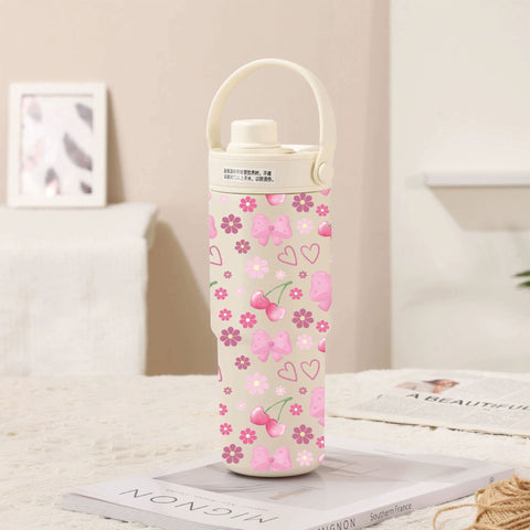 White Line Cherry Bow 30Oz Ceramic Lined Insulated Tumbler With Handle 735Ml Stainless Steel Travel Mug Vacuum Flasks & Mugs