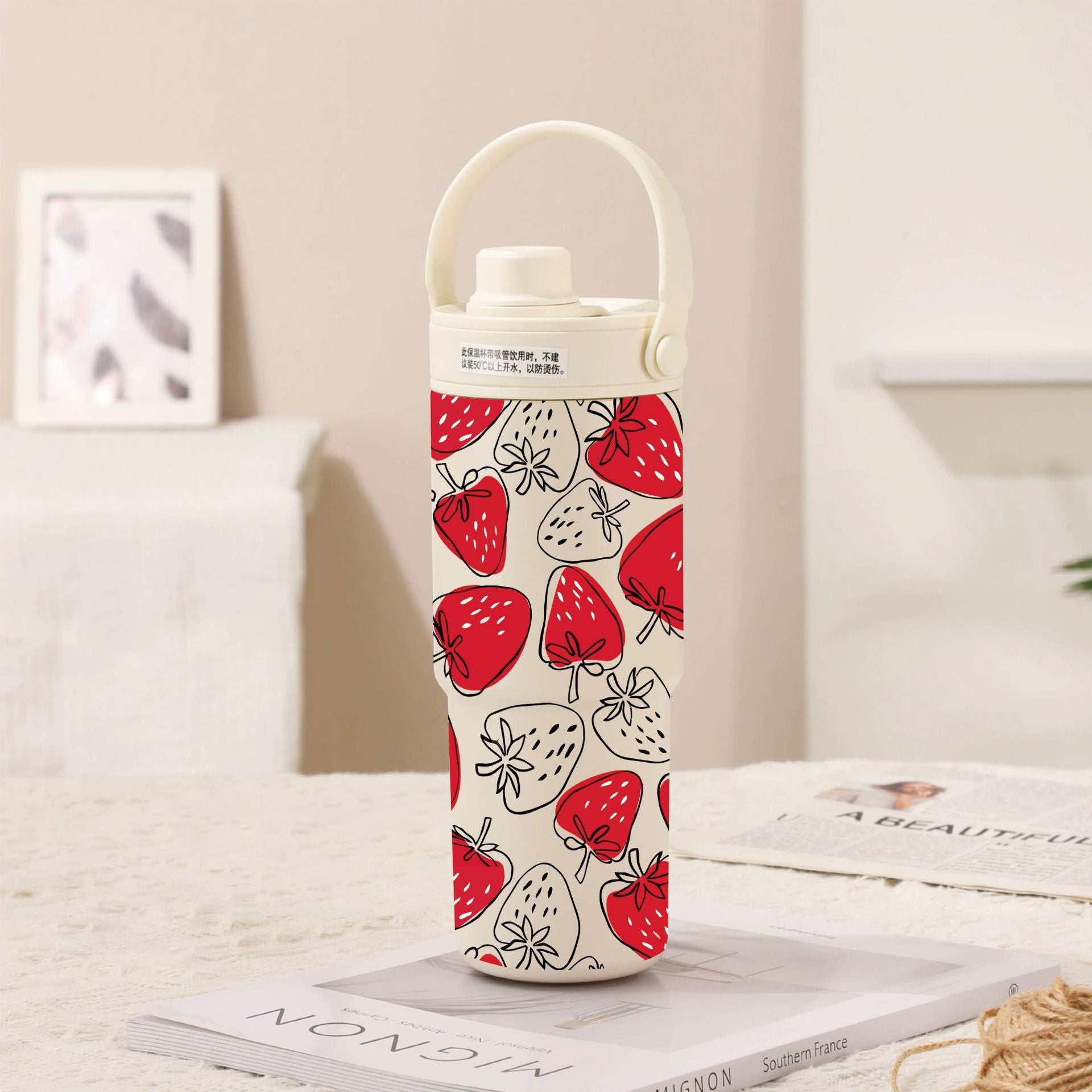 White Line Red Strawberry 30Oz Ceramic Lined Insulated Tumbler With Handle 735Ml Stainless Steel Travel Mug Vacuum Flasks & Mugs