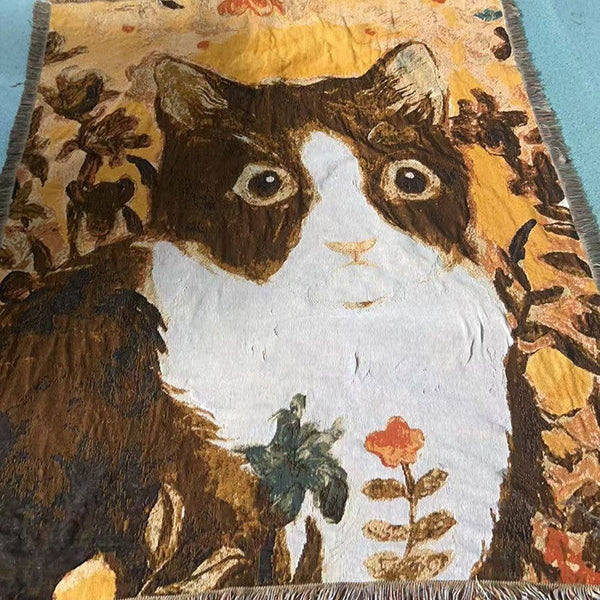 Cat Artistic Jacquard Throw Blanket American Style Illustrated Sofa Cover & Tapestry 130 X 160Cm Blankets