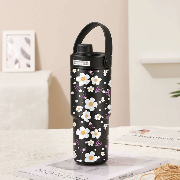 30Oz Ceramic Lined Insulated Tumbler With Handle Twilight Black White Flowers Vacuum Flasks & Mugs