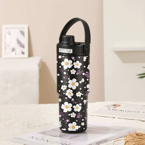 30Oz Ceramic Lined Insulated Tumbler With Handle Twilight Black White Flowers Vacuum Flasks & Mugs