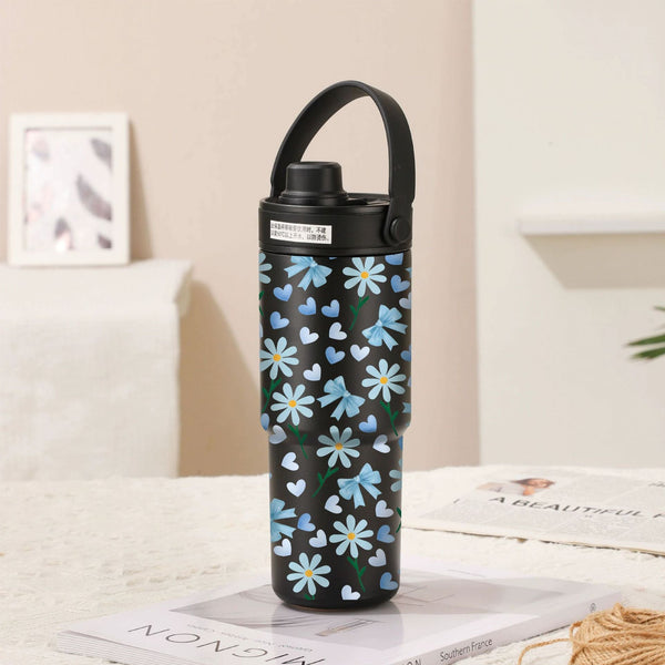 30Oz Ceramic Lined Insulated Tumbler With Handle Twilight Black Bow Tie Blue Flower Vacuum Flasks & Mugs