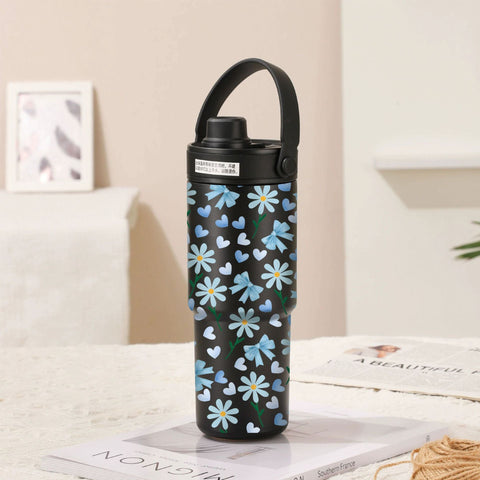 30Oz Ceramic Lined Insulated Tumbler With Handle Twilight Black Bow Tie Blue Flower Vacuum Flasks & Mugs
