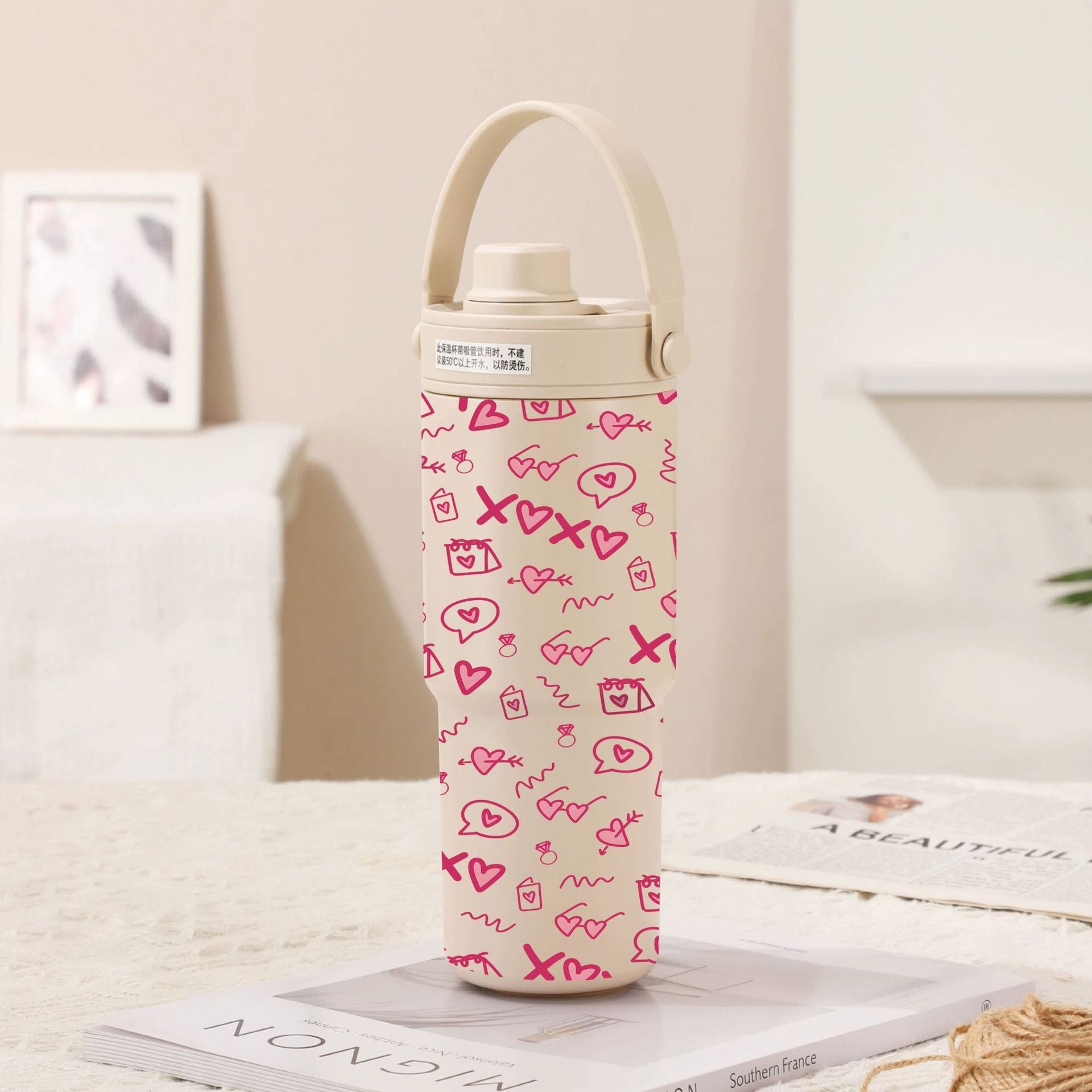 Light Cream Coffee Pink Love 30Oz Ceramic Lined Insulated Tumbler With Handle 735Ml Stainless Steel Travel Mug Vacuum Flasks & Mugs