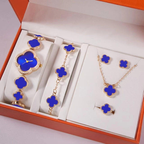 Elegant 5 Piece Women's Jewelry & Watch Set Crystal Accented Heart Design(Blue) Jewellery Sets
