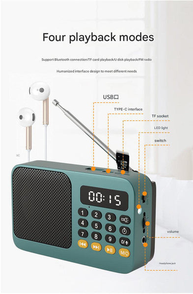 Digital Music Player Fm Radio 4 Playback Modes Led Flashlight Green Portable Am/Fm Radios