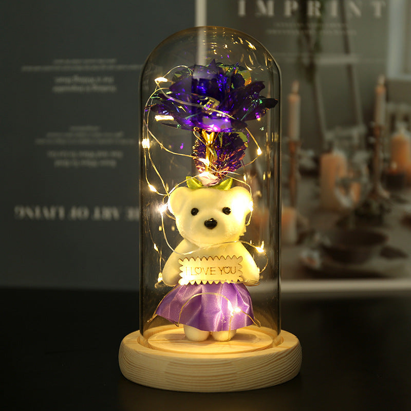 Enchanted Rose & Teddy Bear In Glass Dome With Led Lights Love You" Gift(Purple)" Other Home Décor