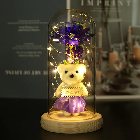 Enchanted Rose & Teddy Bear In Glass Dome With Led Lights Love You" Gift(Purple)" Other Home Décor