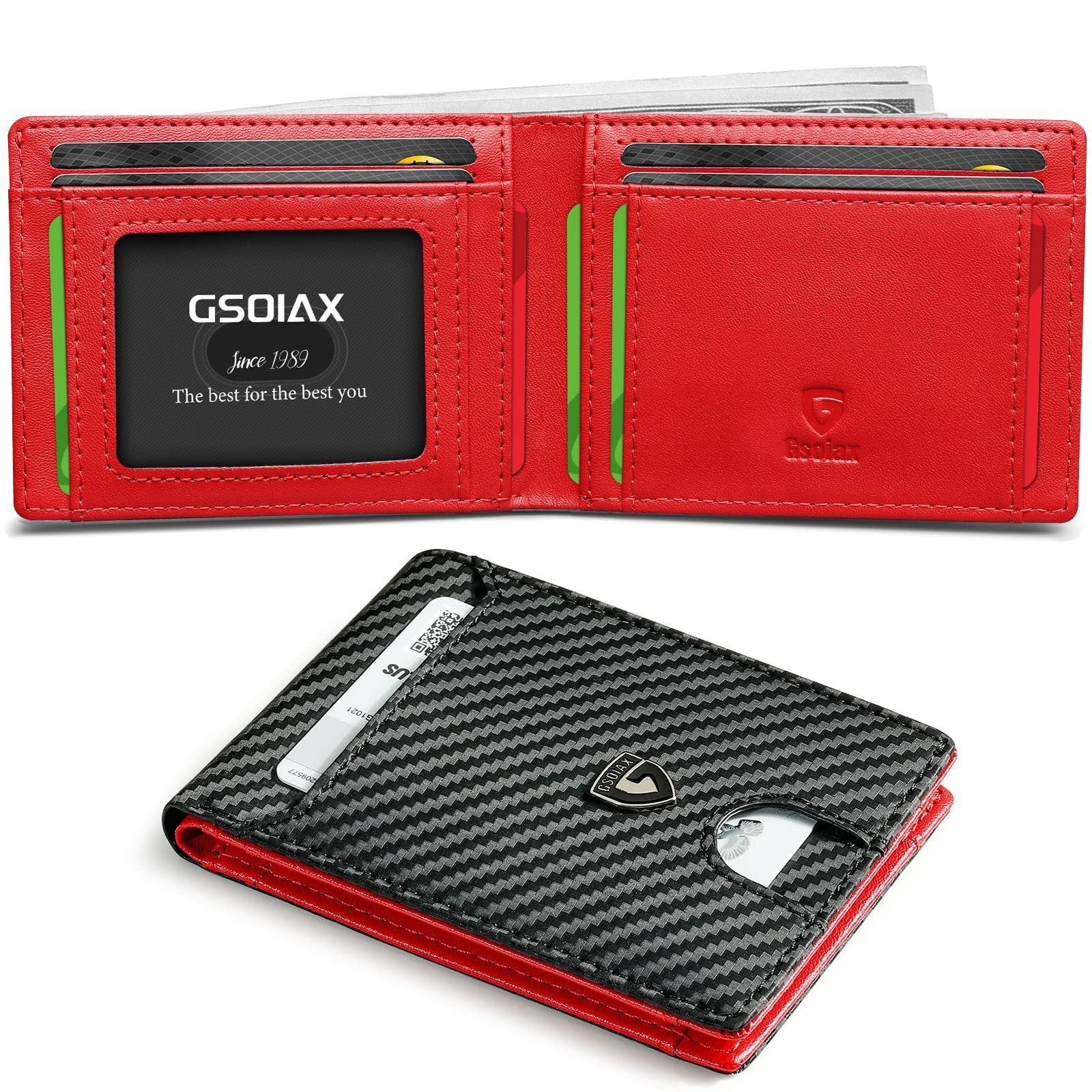 Men's Slim Leather Bifold Wallet Rfid Blocking 11 Card Slots Id Window(Twill Black And Red) Wallets