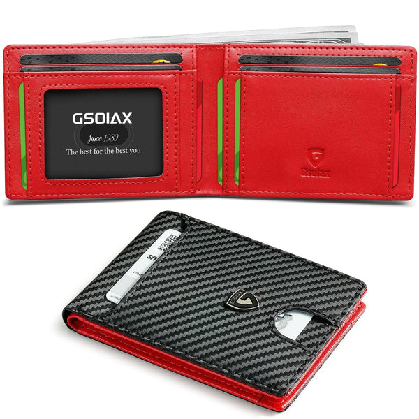 Men's Slim Leather Bifold Wallet Rfid Blocking 11 Card Slots Id Window(Twill Black And Red) Wallets