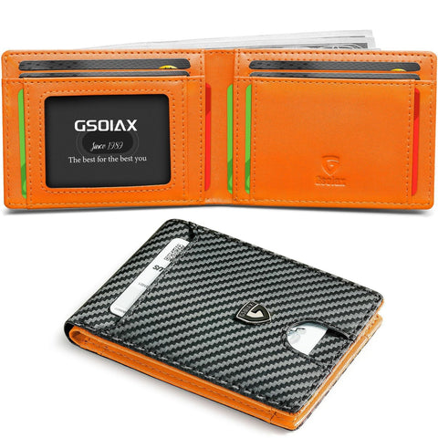 Men's Slim Leather Bifold Wallet Rfid Blocking 11 Card Slots Id Window(Carbon Orange Twill) Wallets