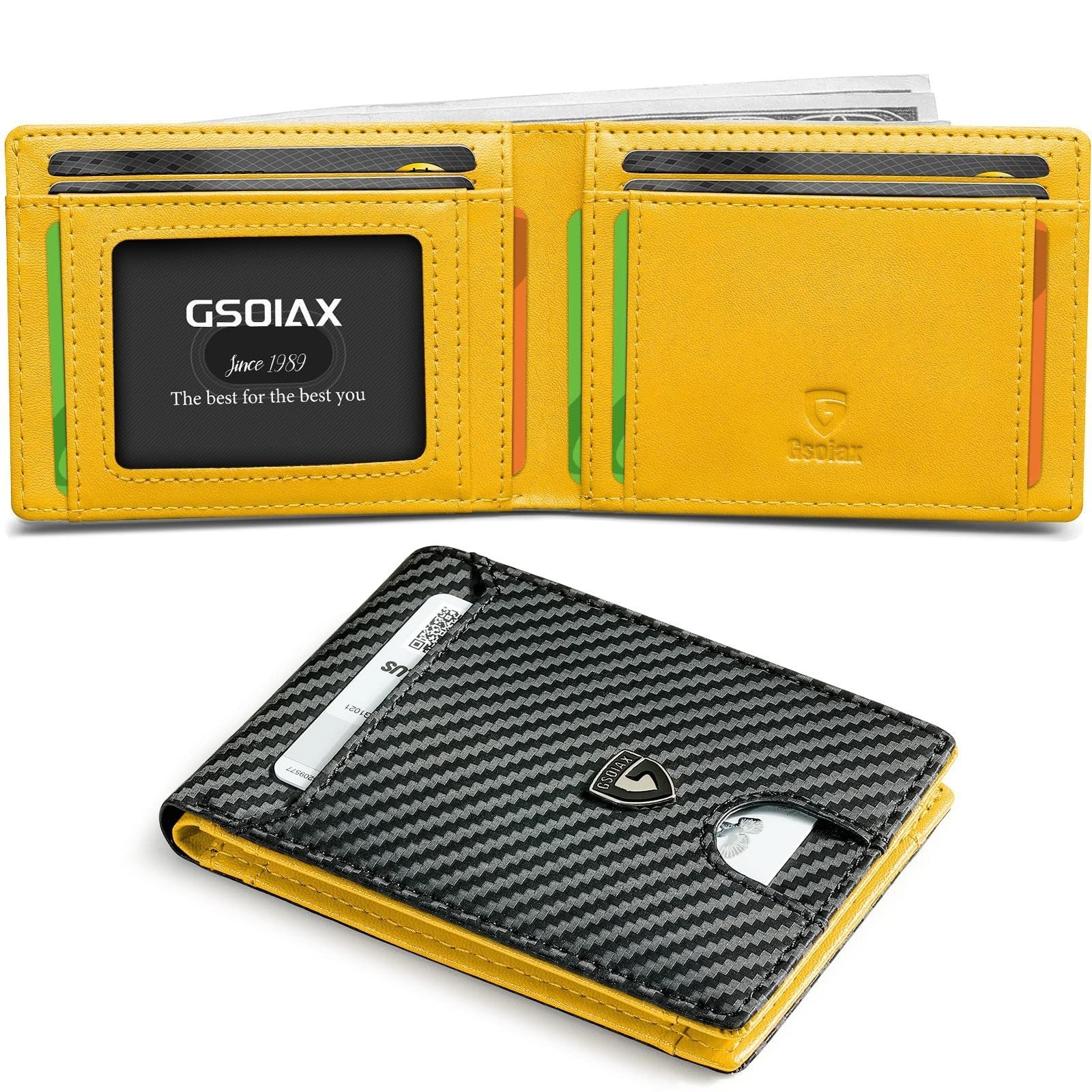 Men's Slim Leather Bifold Wallet Rfid Blocking 11 Card Slots Id Window(Carbon Yellow) Wallets