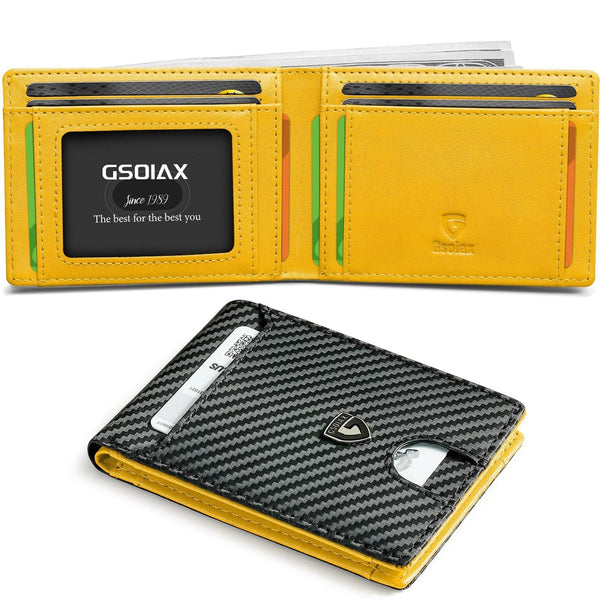 Men's Slim Leather Bifold Wallet Rfid Blocking 11 Card Slots Id Window(Carbon Yellow) Wallets