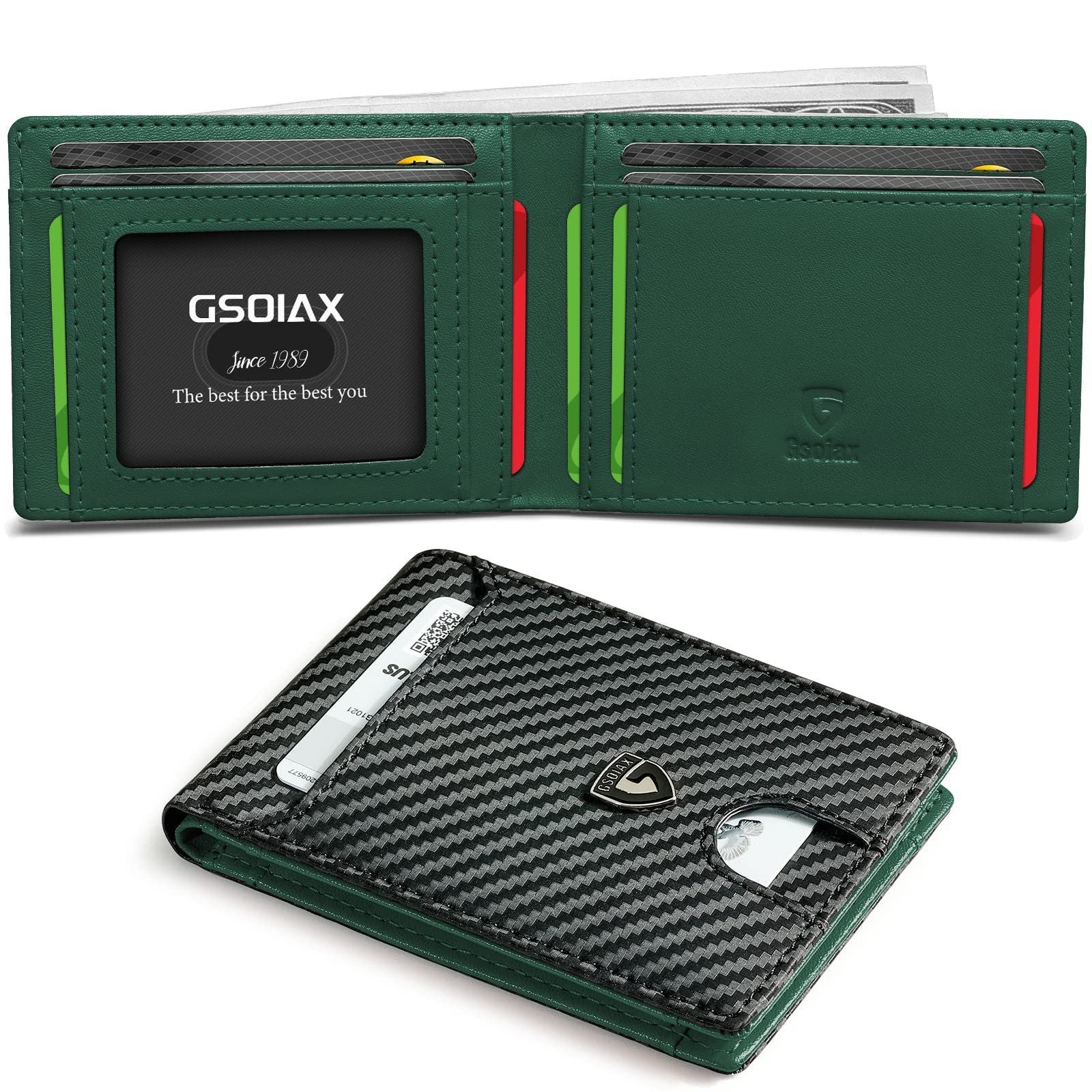Men's Slim Leather Bifold Wallet Rfid Blocking 11 Card Slots Id Window(Carbon Green) Wallets