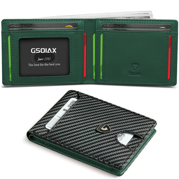 Men's Slim Leather Bifold Wallet Rfid Blocking 11 Card Slots Id Window(Carbon Green) Wallets