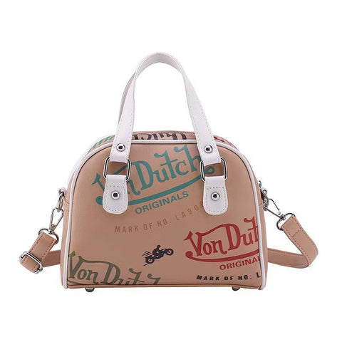 Retro Print Pu Leather Dome Satchel Bag Versatile Crossbody & Handbag Khaki Women's Bags & Handbags