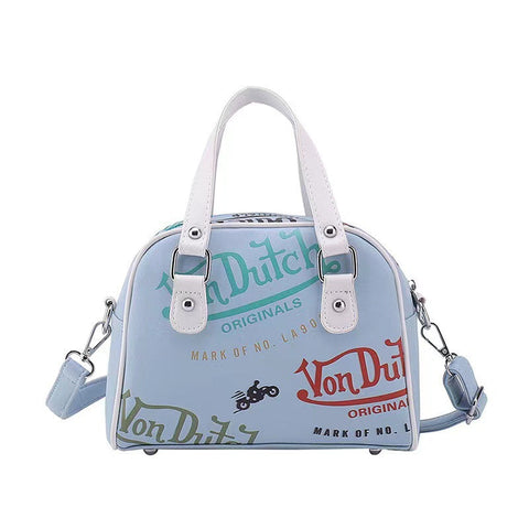 Retro Print Pu Leather Dome Satchel Bag Versatile Crossbody Handbag Blue Women's Bags & Handbags