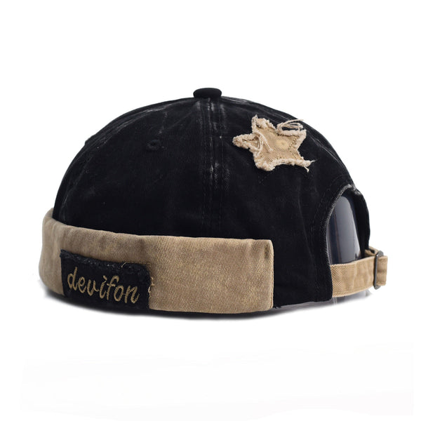 Washed Cotton Docker Cap Unisex Brimless Beanie Hat With Star Patch Black Hats
